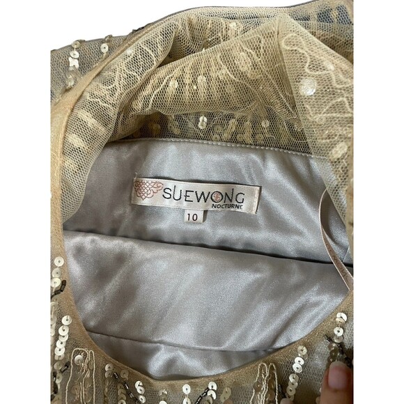 SUE WONG 10 Champagne Silver Beaded Sequin Bridal Formal Cocktail Evening Dress - Picture 14 of 16